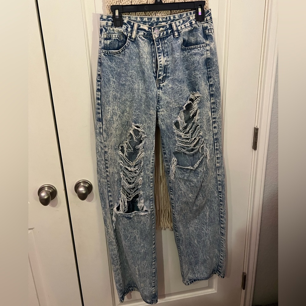 Shein distressed, high waisted, straight leg jeans